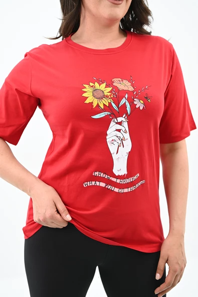 Kadın Büyük Beden Çiçek Tutan El Baskılı T-Shirt 1574-23 - 5