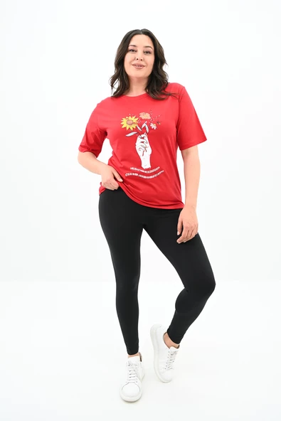 Kadın Büyük Beden Çiçek Tutan El Baskılı T-Shirt 1574-23 - 6