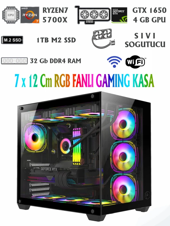 RAMTECH AQUARİUM X20 RYZEN 7 5700X / GTX 1650 4GB / 32GB RAM / 1TB M2 NVME / SIVI SOĞUTMALI OYUNCU BİLGİSAYARI