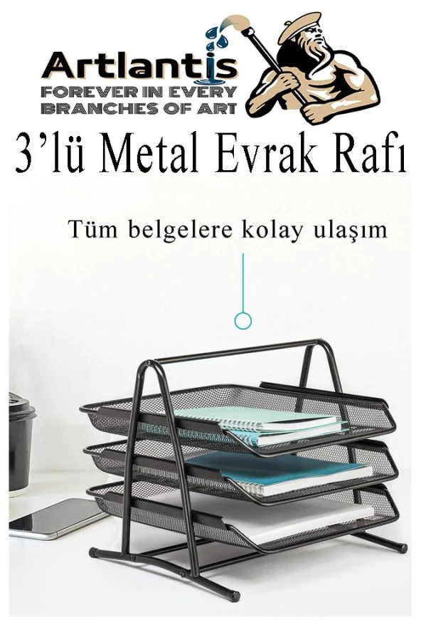 Metal Evrak Rafı 3 lü 1 Paket Masa Üstü A4 Dosya Düzenleyici Kağıt Tepsisi Fileli Üç Katlı Hareketli - 2