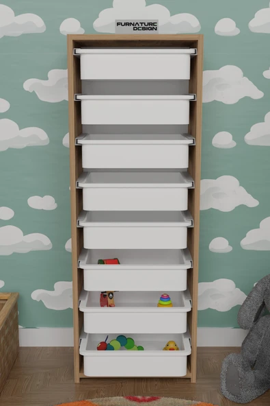 CMKStore 8 Sepetli Çok Amaçlı Dolap Oyuncak Mutfak Dolabı - Atlantik Çam-Beyaz - 2