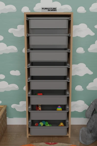 CMKStore 8 Sepetli Çok Amaçlı Dolap Oyuncak Mutfak Dolabı - Atlantik Çam-Gri - 2