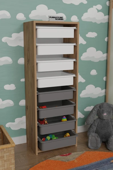 CMKStore 8 Sepetli Çok Amaçlı Dolap Oyuncak Mutfak Dolabı - Atlantik Çam-Beyaz&Gri