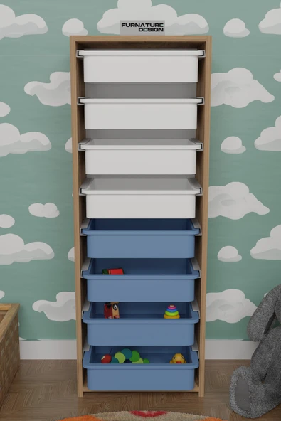 CMKStore 8 Sepetli Çok Amaçlı Dolap Oyuncak Mutfak Dolabı - Atlantik Çam-Beyaz&Mavi - 2