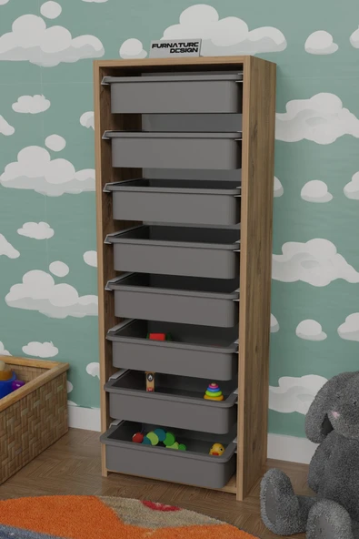 CMKStore 8 Sepetli Çok Amaçlı Dolap Oyuncak Mutfak Dolabı - Atlantik Çam-Gri - 3