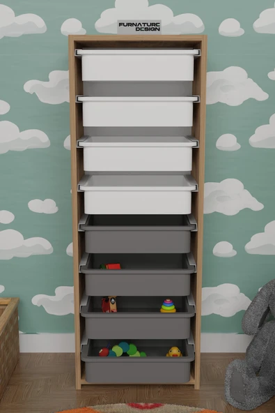 CMKStore 8 Sepetli Çok Amaçlı Dolap Oyuncak Mutfak Dolabı - Atlantik Çam-Beyaz&Gri - 2