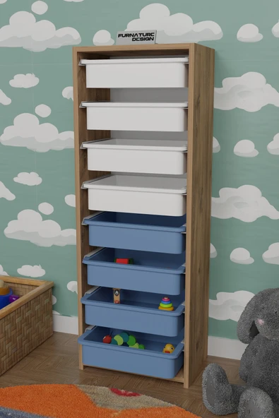CMKStore 8 Sepetli Çok Amaçlı Dolap Oyuncak Mutfak Dolabı - Atlantik Çam-Beyaz&Mavi - 3