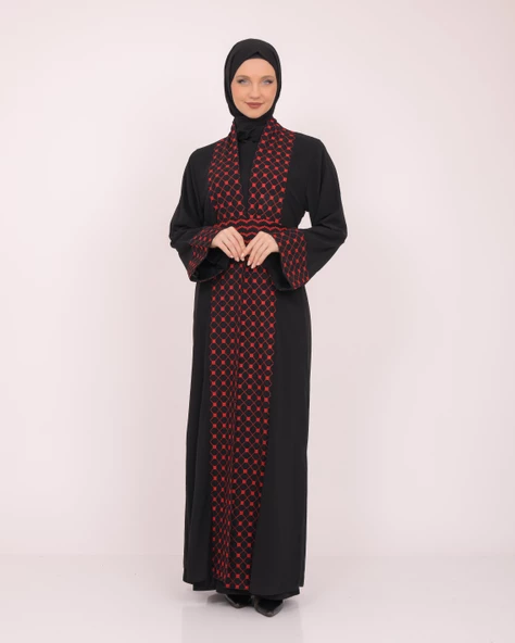 Geniş Kollu Filistinli Kefiye Nakışlı Kadın Geniş Abaya M-3XL C100034