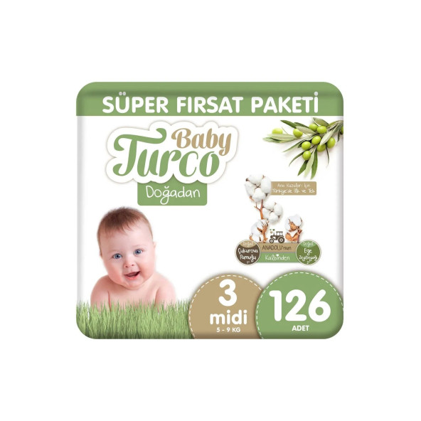 Baby Turco Doğadan Süper Fırsat Paketi Bebek Bezi 3 Numara Midi 126 Adet