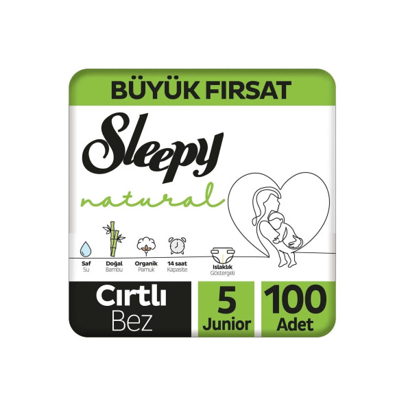 Sleepy Natural Büyük Fırsat Paketi Bebek Bezi 5 Numara Junior 100 Adet