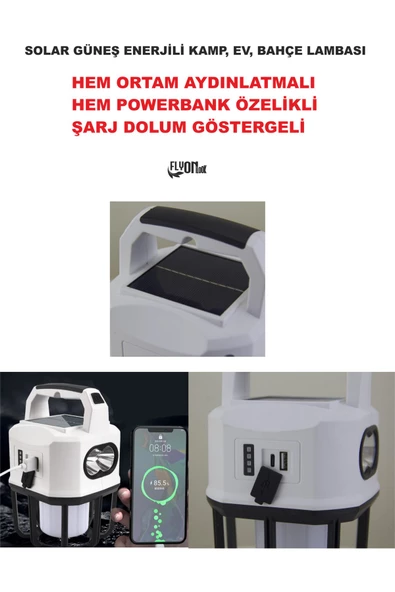 Şarjlı Solar Güneş Enerjili Ortam Aydınlatma ve Fener Özelik Powerbank Şarjlı Kamp, , Bahçe Ev Lamba - 2