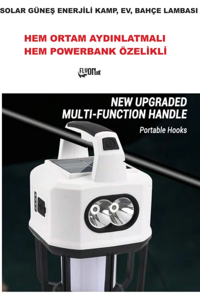 Şarjlı Solar Güneş Enerjili Ortam Aydınlatma ve Fener Özelik Powerbank Şarjlı Kamp, , Bahçe Ev Lamba
