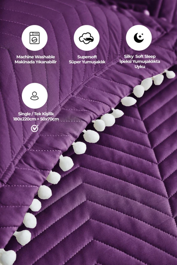 Ponponlu %100 Pamuk Tek Kişilik Günlük Yatak Örtüsü ( Pike ) Takımı Seti Mor - Resim 2