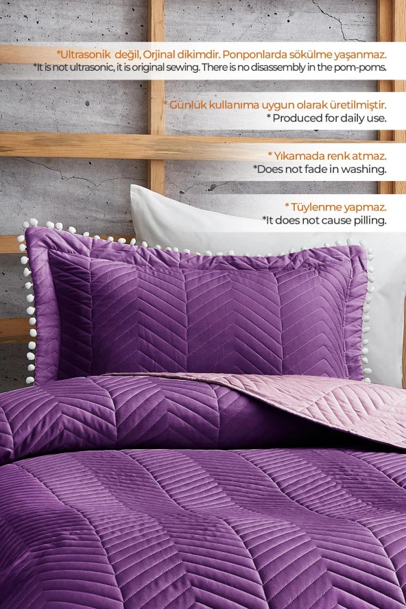 Ponponlu %100 Pamuk Tek Kişilik Günlük Yatak Örtüsü ( Pike ) Takımı Seti Mor - Resim 4