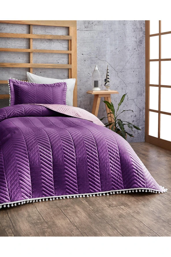 Ponponlu %100 Pamuk Tek Kişilik Günlük Yatak Örtüsü ( Pike ) Takımı Seti Mor - Resim 5