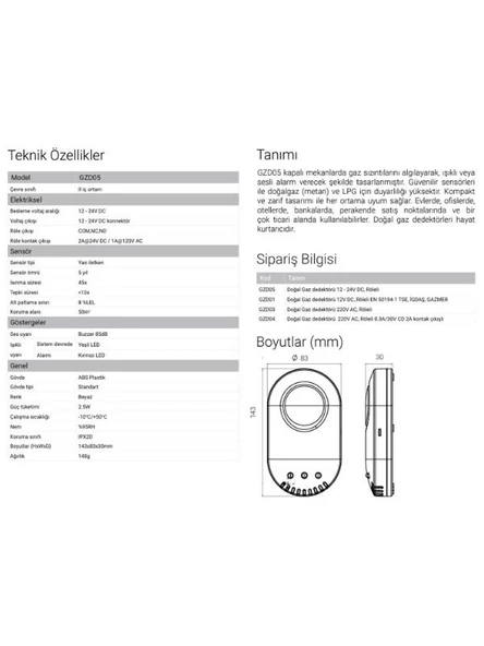 EDS GZD05 Doğalgaz ve LPG Duyarlı Gaz Dedektörü 12V Adaptör ile Çalışır - 5