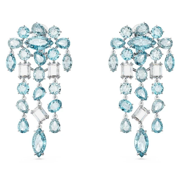 5666015 Swarovski Küpe Gema clip earrings, Mixed cuts, Chandelier, Extra long, Blue, Rhodium plated