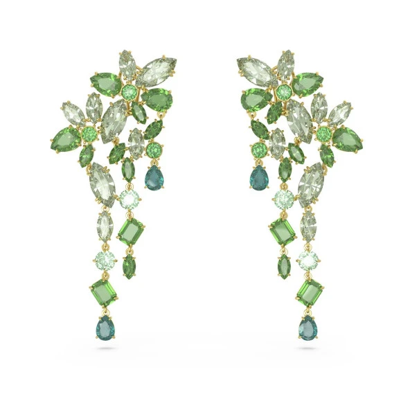 5652801 Swarovski Küpe Gema:Drop Earrings Mixed Cuts, Green Gold-Tone Plated