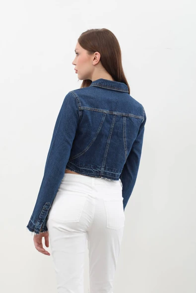 Kadın Püsküllü Crop Jean Ceket - 10