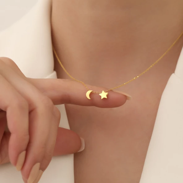 14 Ayar Altın Mikron Kaplama Ay Yıldız Gümüş Kolye - CN00293 ürün görseli 1
