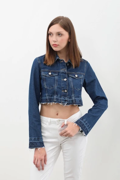 Kadın Püsküllü Crop Jean Ceket - 9