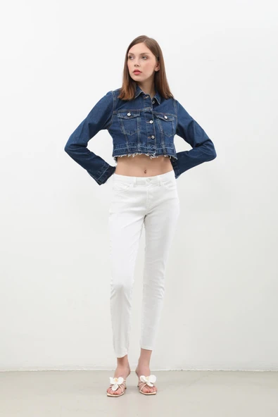 Kadın Püsküllü Crop Jean Ceket - 5