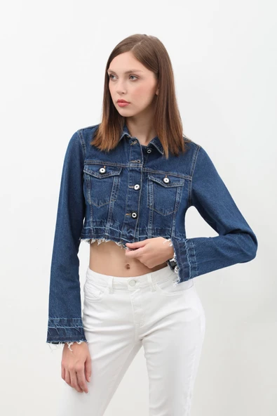Kadın Püsküllü Crop Jean Ceket - 6