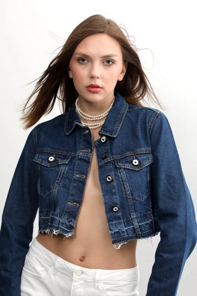 Kadın Püsküllü Crop Jean Ceket - 5