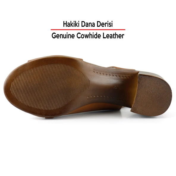 Erkan Saçmacı Saules Taba Hakiki Dana Derisi Kesik Detaylı Lastik Bantlı Kalın Topuklu Sandalet - 5