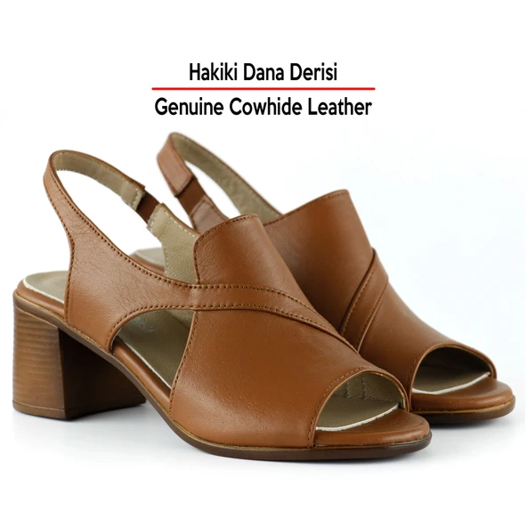 Erkan Saçmacı Saules Taba Hakiki Dana Derisi Kesik Detaylı Lastik Bantlı Kalın Topuklu Sandalet - 4