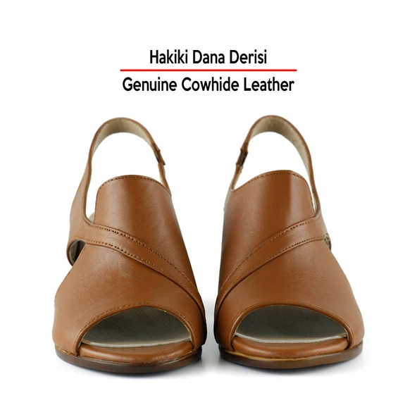 Erkan Saçmacı Saules Taba Hakiki Dana Derisi Kesik Detaylı Lastik Bantlı Kalın Topuklu Sandalet - 3