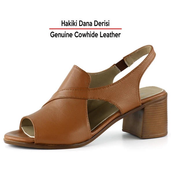 Erkan Saçmacı Saules Taba Hakiki Dana Derisi Kesik Detaylı Lastik Bantlı Kalın Topuklu Sandalet