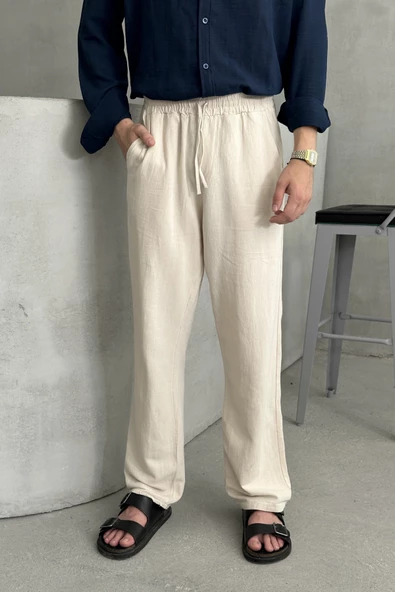 Erkek Beli Lastikli Baggy Kalıp Keten Pantolon - 6
