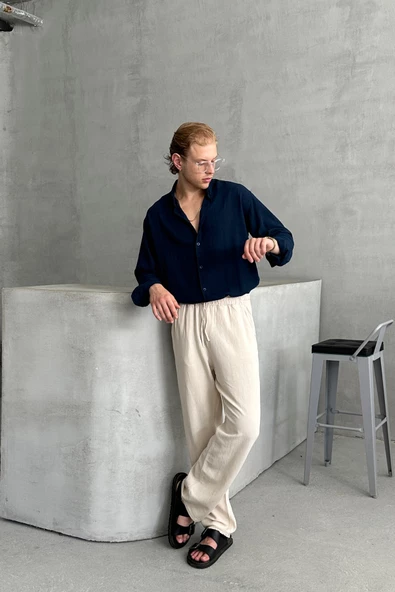 Erkek Beli Lastikli Baggy Kalıp Keten Pantolon - 7
