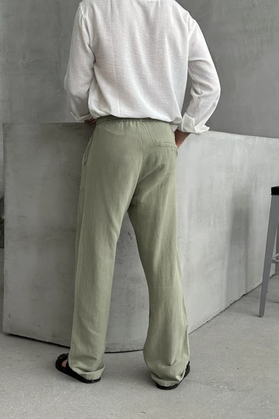 Erkek Beli Lastikli Baggy Kalıp Keten Pantolon - 4