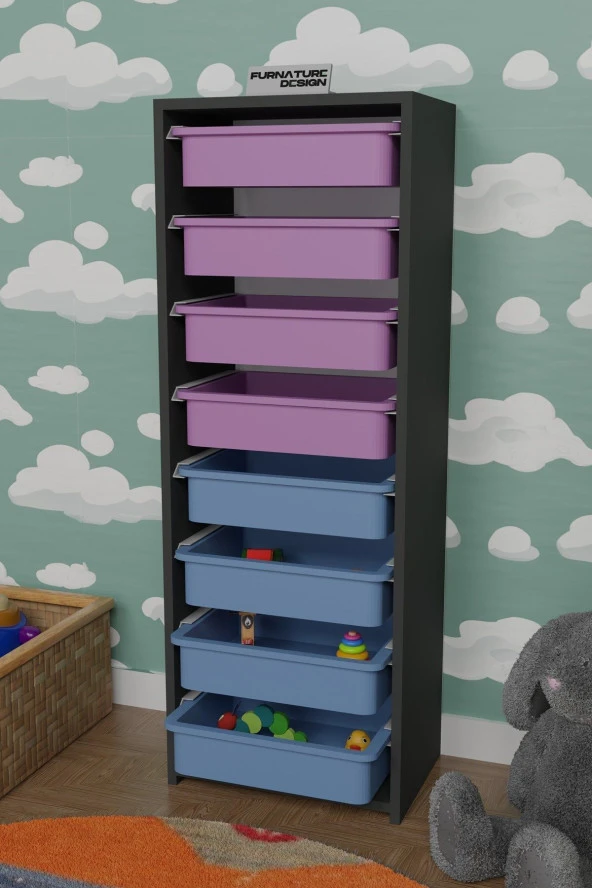 FurnatureDesign 8 Sepetli Çok Amaçlı Dolap Oyuncak Dolabı - Antrasit - Pembe&Mavi