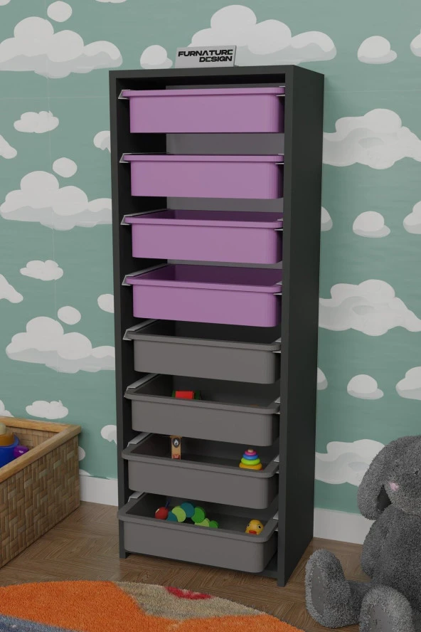 FurnatureDesign 8 Sepetli Çok Amaçlı Dolap Oyuncak Dolabı - Antrasit - Pembe&gri
