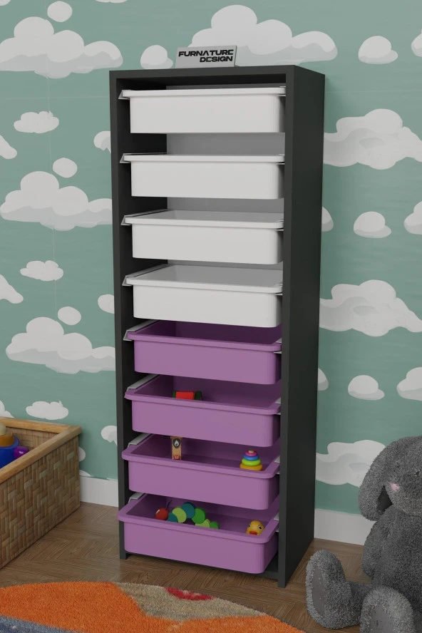 FurnatureDesign 8 Sepetli Çok Amaçlı Dolap Oyuncak Dolabı - Antrasit - Beyaz&Pembe