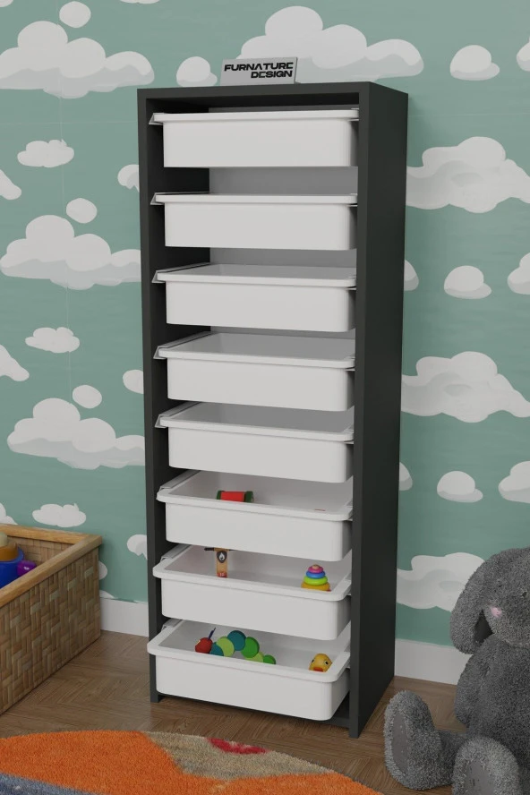 FurnatureDesign 8 Sepetli Çok Amaçlı Dolap Oyuncak Dolabı - Antrasit - Beyaz