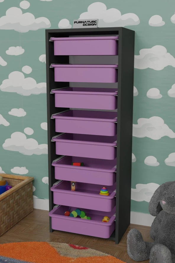 FurnatureDesign 8 Sepetli Çok Amaçlı Dolap Oyuncak Dolabı - Antrasit - Pembe