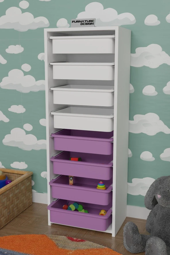FurnatureDesign 8 Sepetli Çok Amaçlı Dolap Oyuncak Dolabı Beyaz - Beyaz&pembe