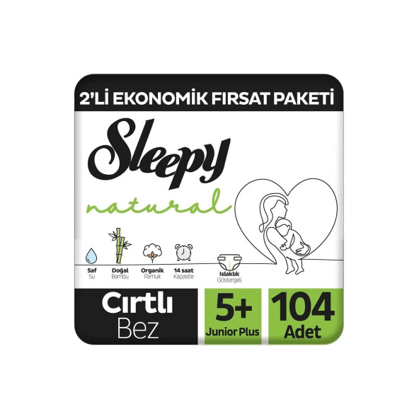 Sleepy Natural 2'li Ekonomik Fırsat Paketi Bebek Bezi 5+ Numara Junior Plus 104 Adet