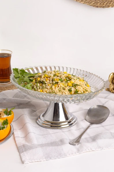 Gümüş Ayaklı Elips Cam Sunumluk Kase, Sarma, Dolma, Salata, Meyve, ve Pasta Sunum Stantı, Çeyizlik