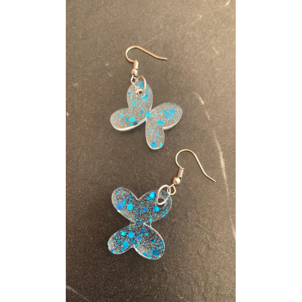 Şeffaf Parlak Mavi Glitter Süslemeli Simli Ve Pullu Kelebek Model Epoksi Küpe El Yapımı Hediyelik - Resim 5