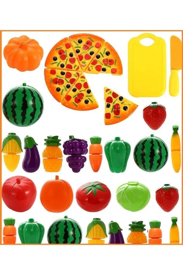 Tepsi Pizza Kesilen Meyve Sebze Tam 50 Parça Dondurma Bisküvi Pasta Kesme Tahtası Evcilik Oyuncak - 2