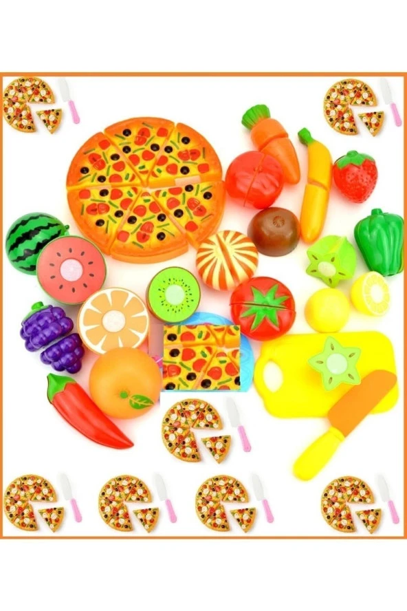 Tepsi Pizza Kesilen Meyve Sebze Tam 50 Parça Dondurma Bisküvi Pasta Kesme Tahtası Evcilik Oyuncak - 3