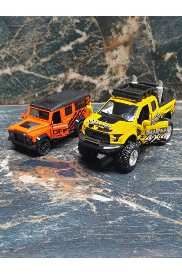 2 Araçlı Set Metal Sesli Ford-150 Jeep Kamyonet Oyuncak Model Landrover Arazi Pickup Jip - Resim 4