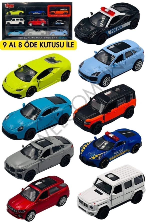 Oyuncak Metal Araba Diecast 9 Set Mercedes Brabus Porsche Ferrari Bmw Lamborghini Land-Rover Bugatti
