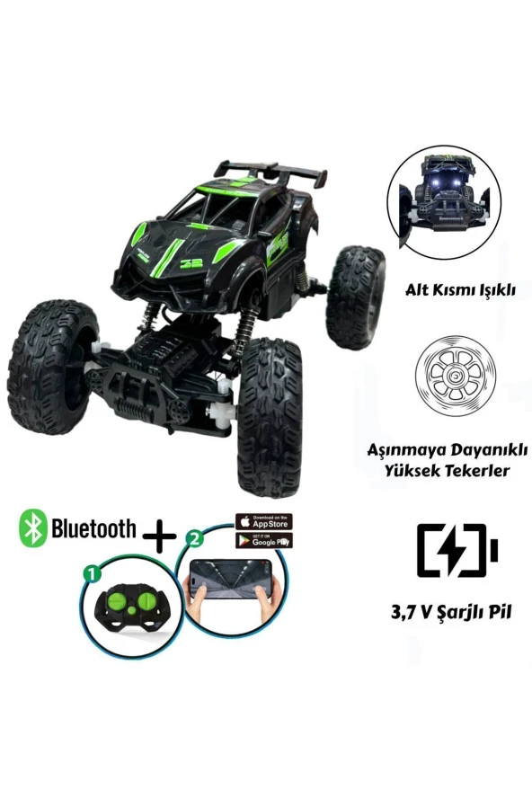 Uzaktan Kumandalı Bluetooth Telefon Kontrollü Jeep Araba Drift Şarjlı Rock Crawler 19 cm Off-Road