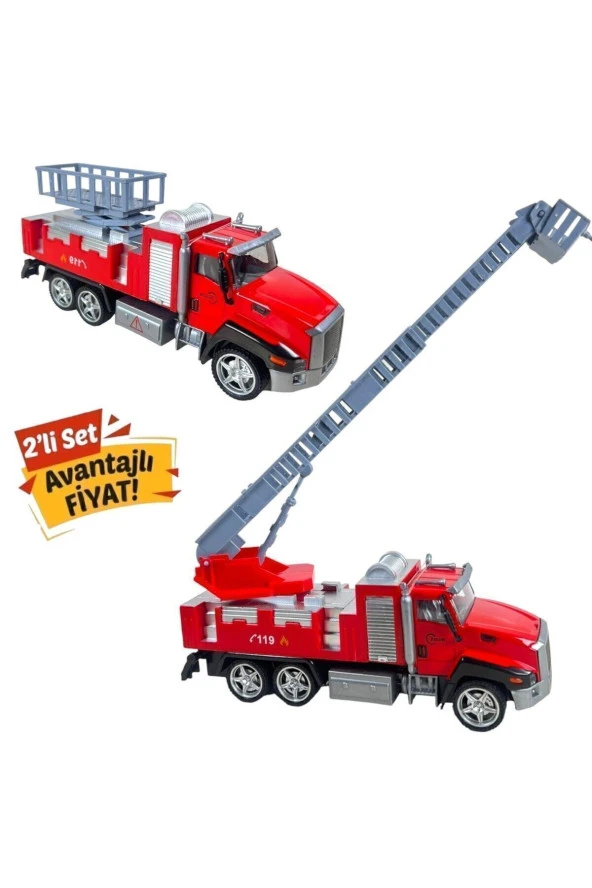 23 cm Çek Bırak Metal 1:50 Merdivenli İtfaiye 30 cm Uzayan Açılabilir Kapak İtfaiye Aracı 2'li Set